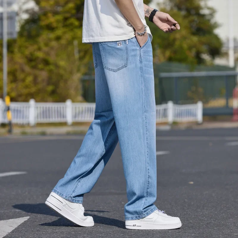 Summer New Arrival American Streetwear Loose Wide Leg Lyocell Denim Jeans for Men All Match Casual Comfortable Mens Long Pants