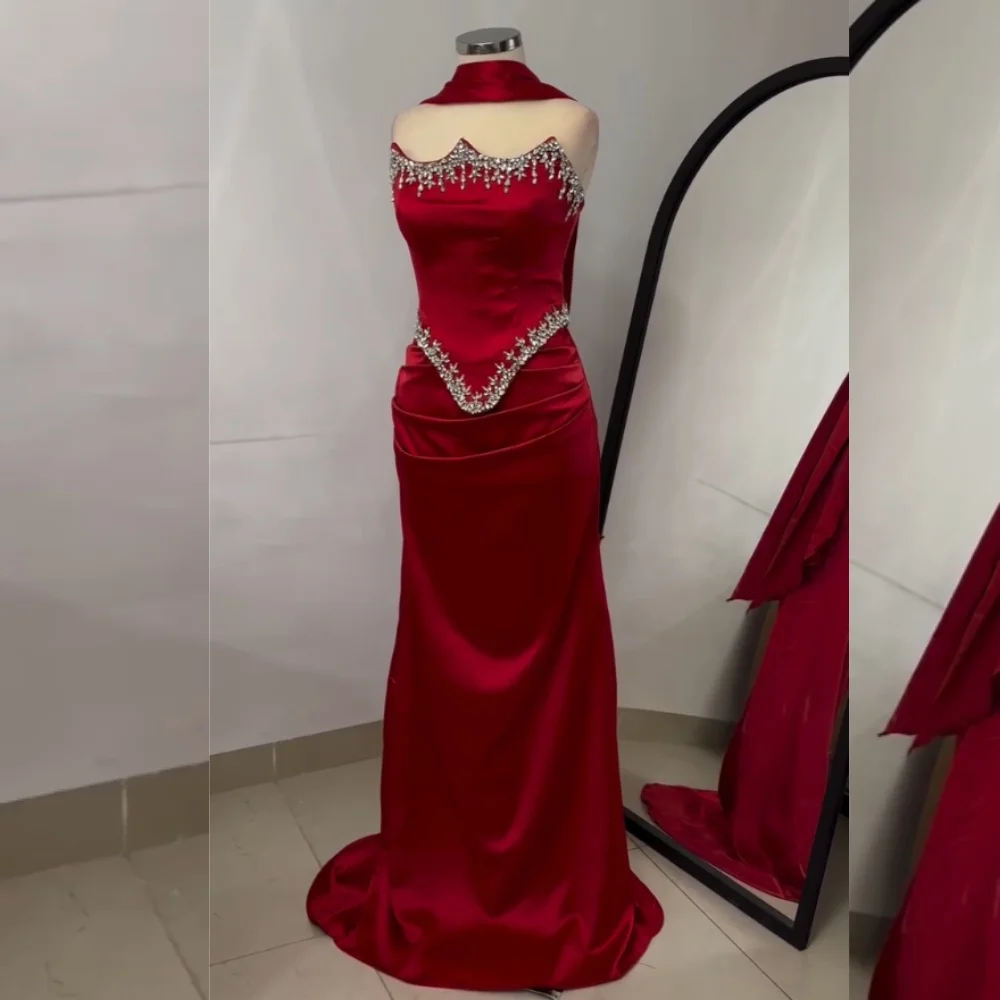 Gaun Mermaid Tanpa Tali dengan Lipit Rhinestone Charmeuse Khusus untuk Acara Bespoke Wanita Mewah Malam Elegan Pesta Pernikahan.