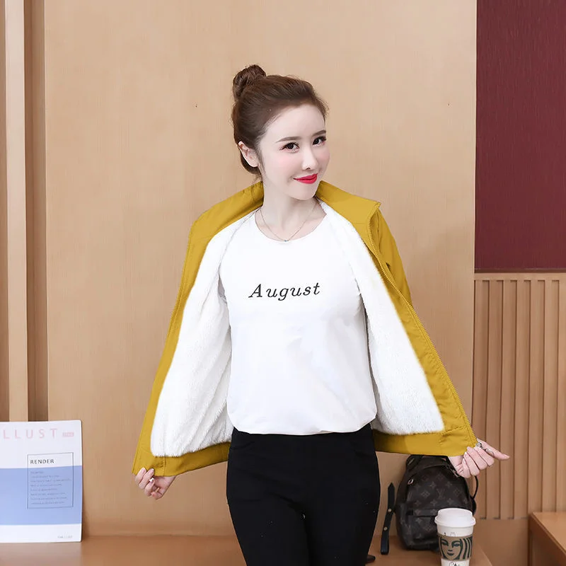 2025New Jacket Add Cashmere Short Coat Women Thickened Autumn Winter Korean Joker Casual Baseball Uniform Collar Outwear Female