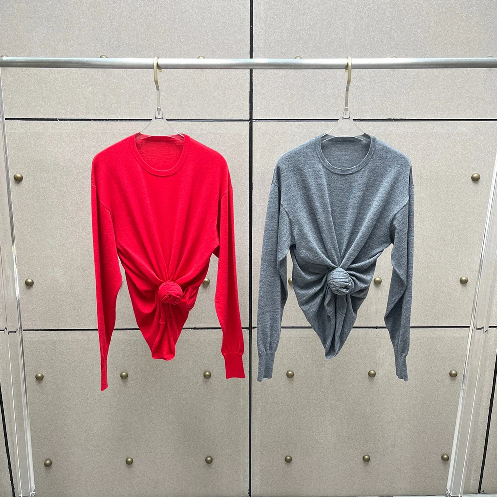 

100% Wool Knotted Button Flower Women's T-Shirt, Elegant Commuter Round Neck Long Sleeve T-Shirt Top Spring 2026 New Y2k