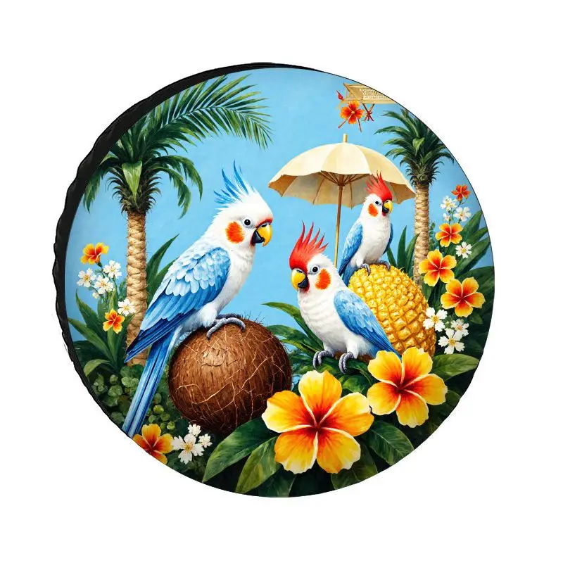 Tropical Parrot, Coconut, And Pineapple Patterned Spare Tire Cover For Summer Island Vibes, Made Of Polyester Fiber For Sun Prot