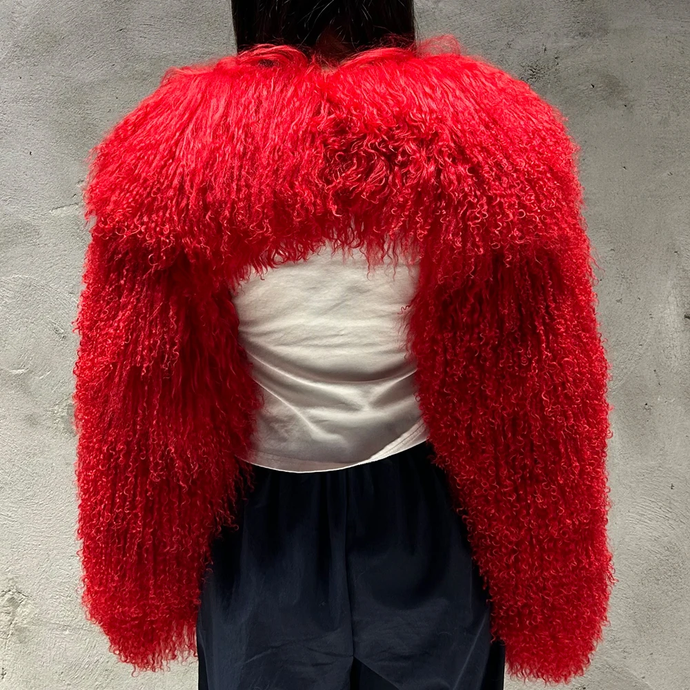 Crop Top Mongolian Fur Cloth Real Sheep Fur Coat 2024 Winter Red Mongolia Fur Coats