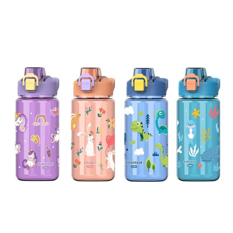 600ml Cartoon Animal Water Bottle Portable Safety Lock Cute Straw Cup Kids Leak-proof Drinking Jug For Outdoor Camping Travel