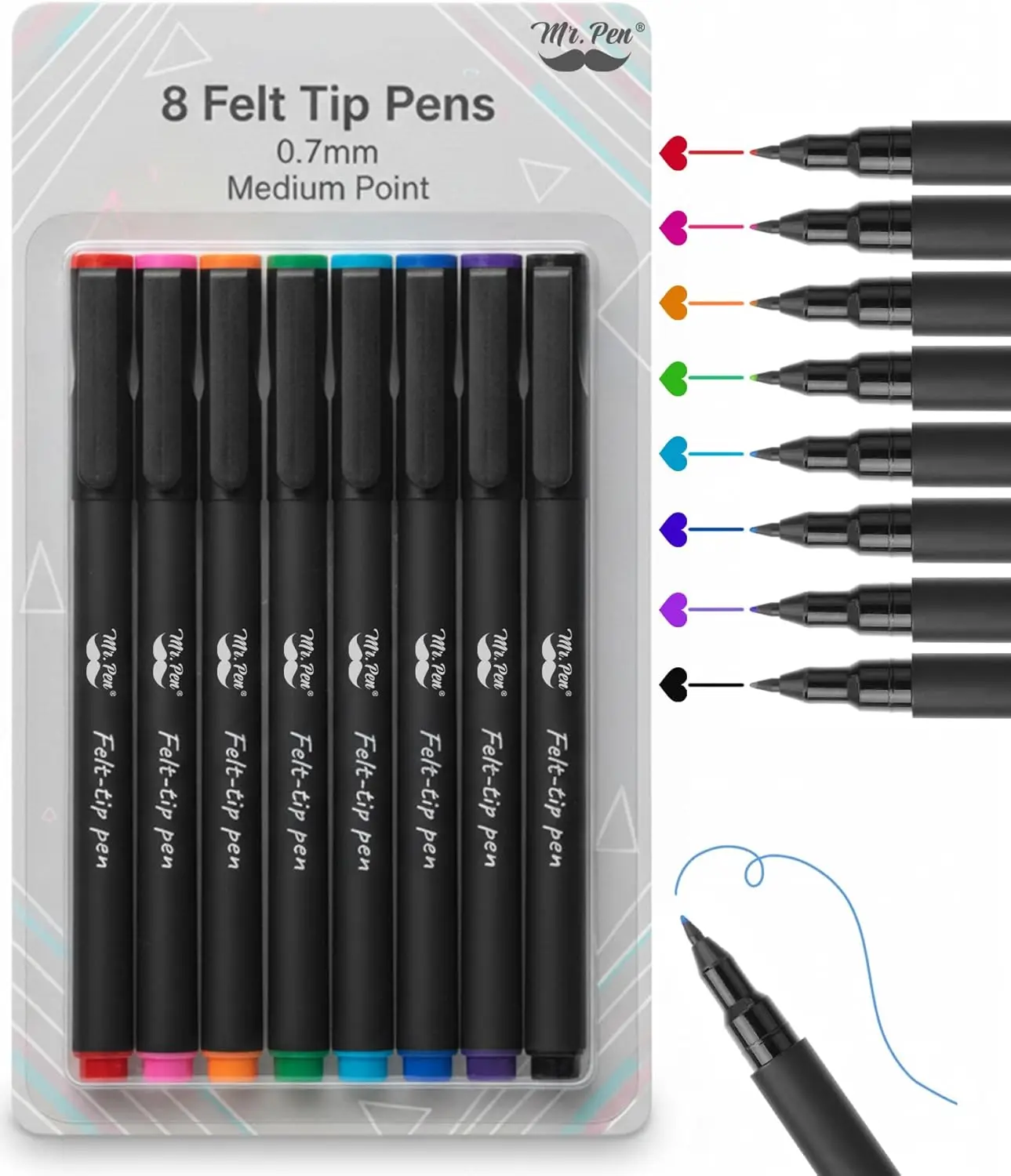 

8 Pack Fine Felt Tip Pens, 0.7mm Assorted Colors, Fast Dry for Journaling & Note Taking