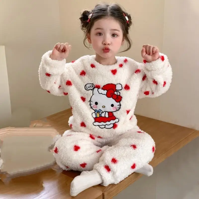 

Sanrio's пижамы Hello Kittys, новый стиль, милый утепленный горошек с длинными рукавами для девочек, зимний детский костюм с круглым вырезом, домашняя одежда, хит продаж