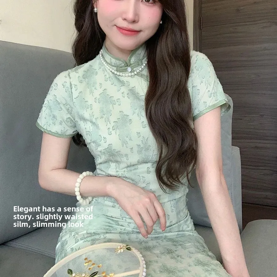 Elegant Long Green Cheongsams For Women 2023 Summer New Style High End Youth Fashionable Stylish Chinese Dress