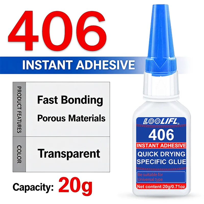 406 Instant Glue 20g Super Glue Transparent Quick-Drying Super Instant Adhesive Suitable for Porous Materials Plastic Rubber Wood Leather Ceramic Metal Fast Bonding and Repair Universal Cyanoacrylate Glue