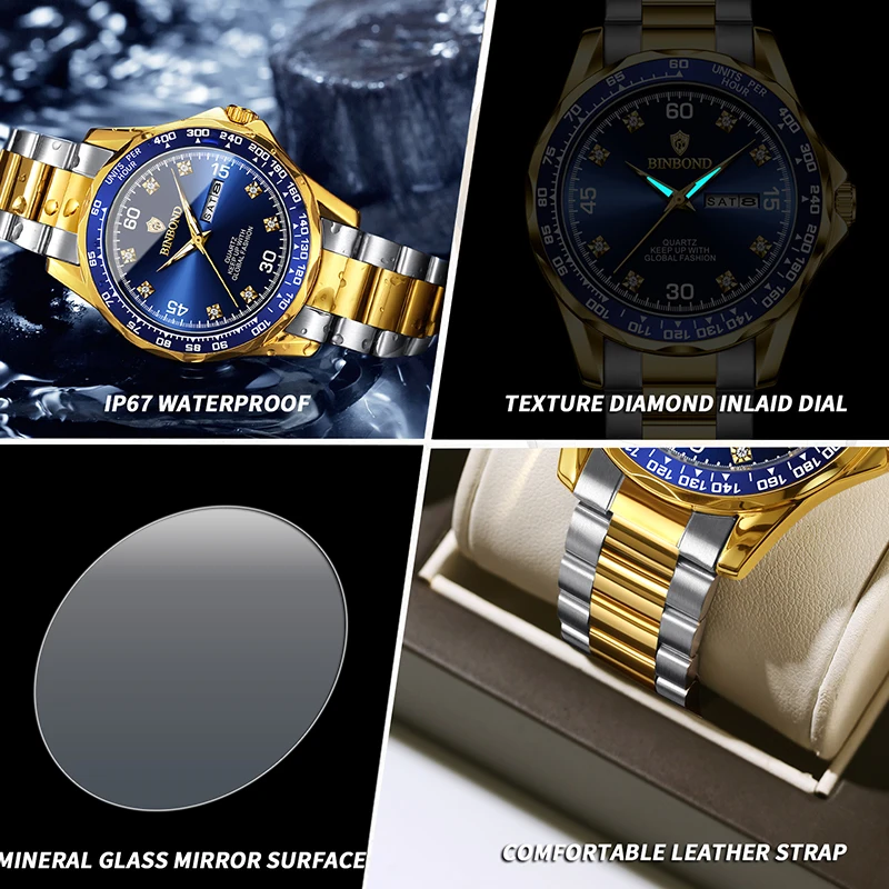 BINBOND оригинальные военные мужские наручные часы кварцевые часы с датой недели для мужчин водонепроницаемые светящиеся мужские часы из нержавеющей стали Reloj