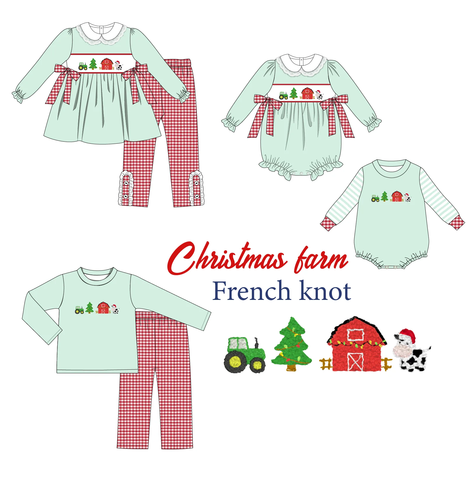 

Boutique Baby Fall Season Sleeveless Round Neck Christmas Farm French Knot Green Girl Sets And Romper Boy Top Set Clothes Pants