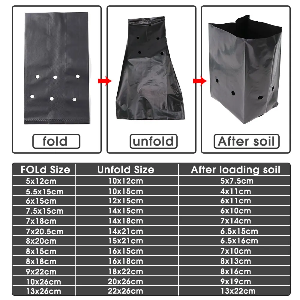 100/200PCS 14 Sizes Black Plastic Nursery Bags Plant Grow Bags for Fruiter Vegetables Chili Seed Starter Seedling Transplant Pot