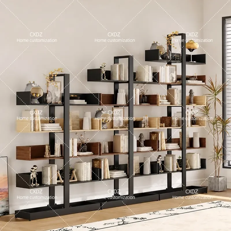 American Wrought Iron Solid Wood Bookshelf Floor Rack Living Room Multi Layer Storage Rack Household Simple Bookcase Display