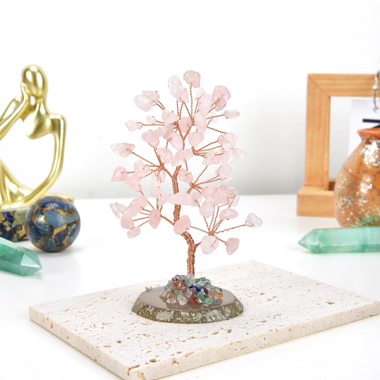 Lucky Crystal Tree Random Stone Base Natural Rose Quartz Money Tree for Positive Energy Crystal Tree Home Office Decoration