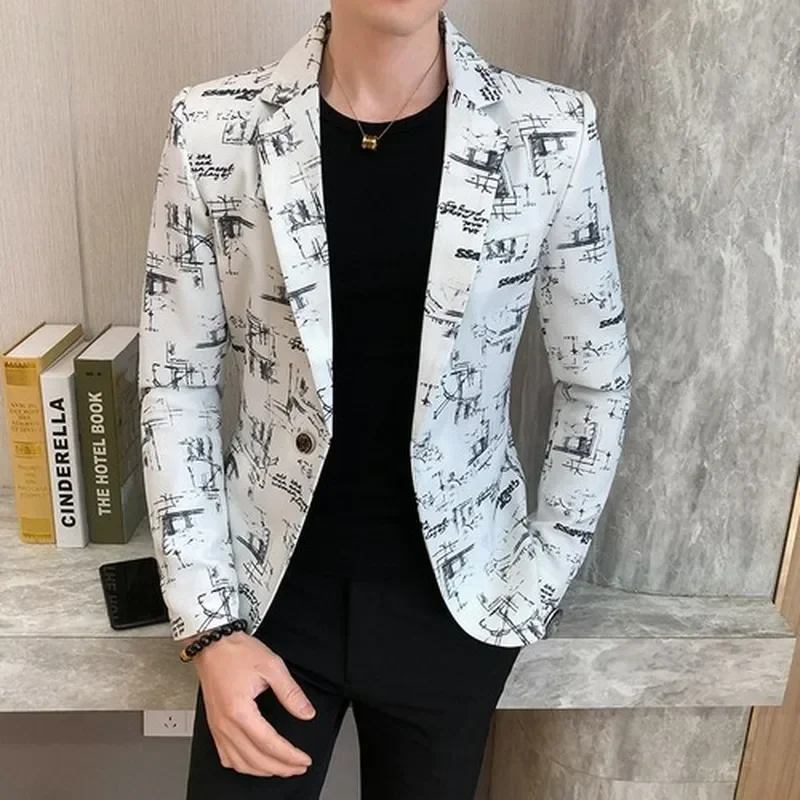 Men Blazer Slim Fit  2024 Autumn Korean Version of The Printed Slim Formal Wedding Party Prom Suit Jacket Fashion Men Clothing