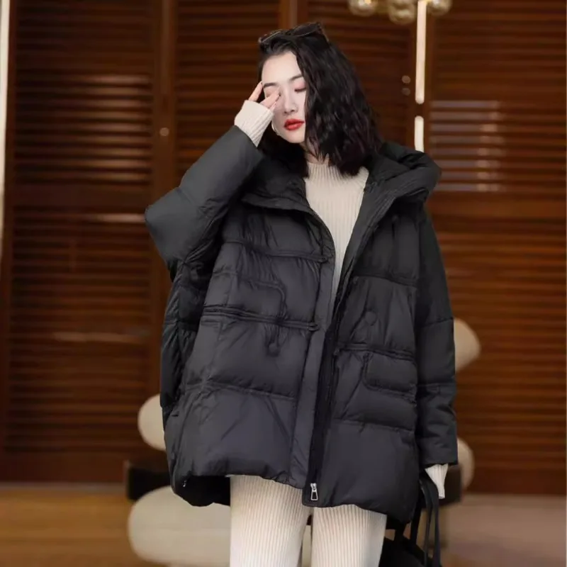 Women's clothing High-end Plus size Hooded Down jacket Winter New Literary Loose fit White duck down Thickened Outerwear