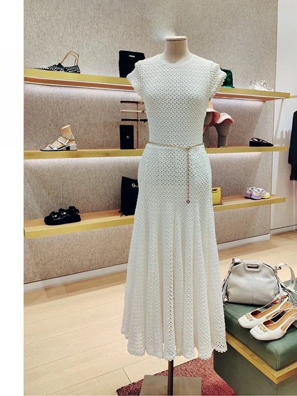 HEIDD round Ne A-Line Knitted Dr Hollow out Fabric Long Skirt Modern Sle Polyester Fiber ort Sve Women's Dr