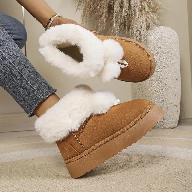 Cute Fluffy Fur Ball Thick Bottom Snow Boots Women Winter 2026 Warm Plush Suede Ankle Boots Comfort Platform Cotton Shoes Mujer view 2