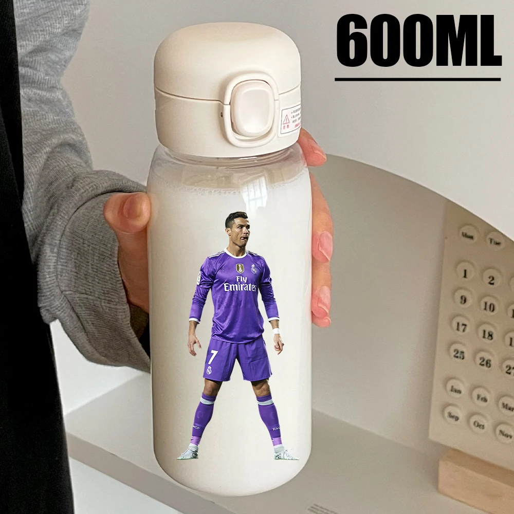 Football Star 600ML Drink Bottle Water Coffee Cup Portable Outdoor Sport Flip Cover Transparent Cup with Straw Cristiano Ronaldo