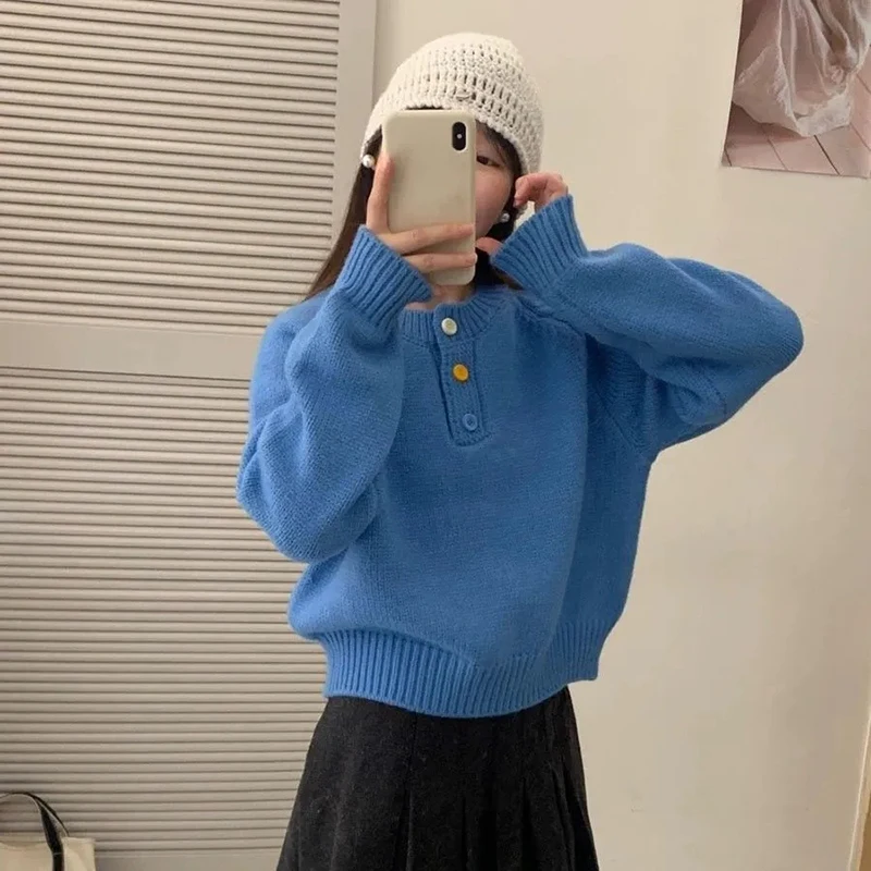 

Women Casual Knit Sweater Korean Solid Long Sleeve Loose Lazy Wind O Neck Pullovers Preppy Sweet Colored Button Simple Jumpers