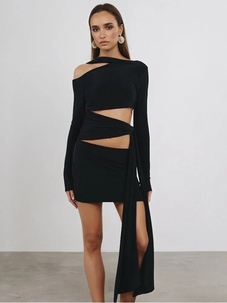 Chaxiaoa oco para fora manga longa sexy mini vestido feminino moda halter um ombro sem costas drapeado ruched clube vestidos de festa