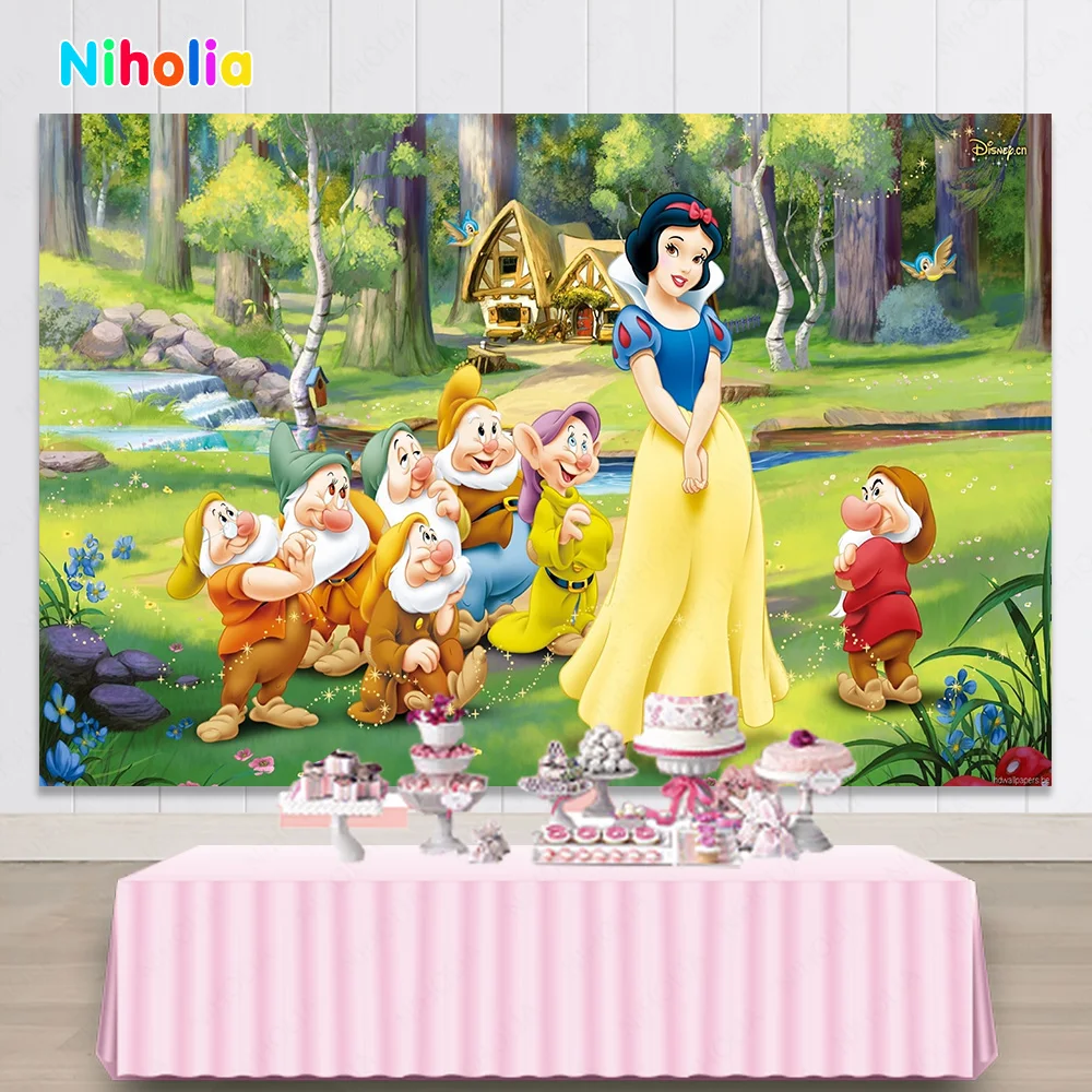 Disney Snow White Princess Background Decor Kids Girl Birthday Party Backdrop Seven Dwarfs Baby Shower Room Photo Banner Poster