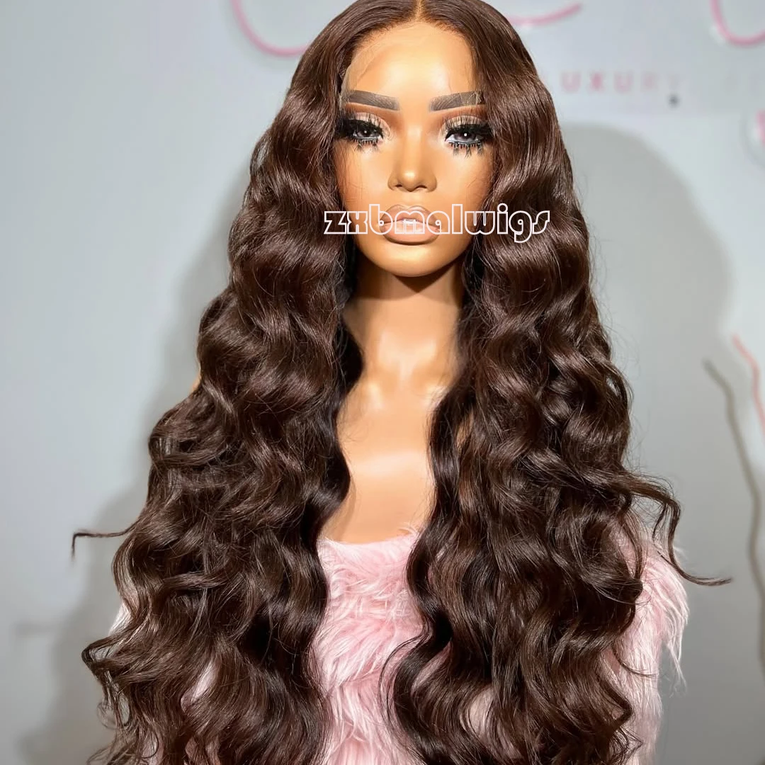 

Синтетический парик 13X4 с эффектом Body Wave, длинный волнистый, шоколадно-коричневый, с кружевной передней частью, без клея, серебристый, для женщин