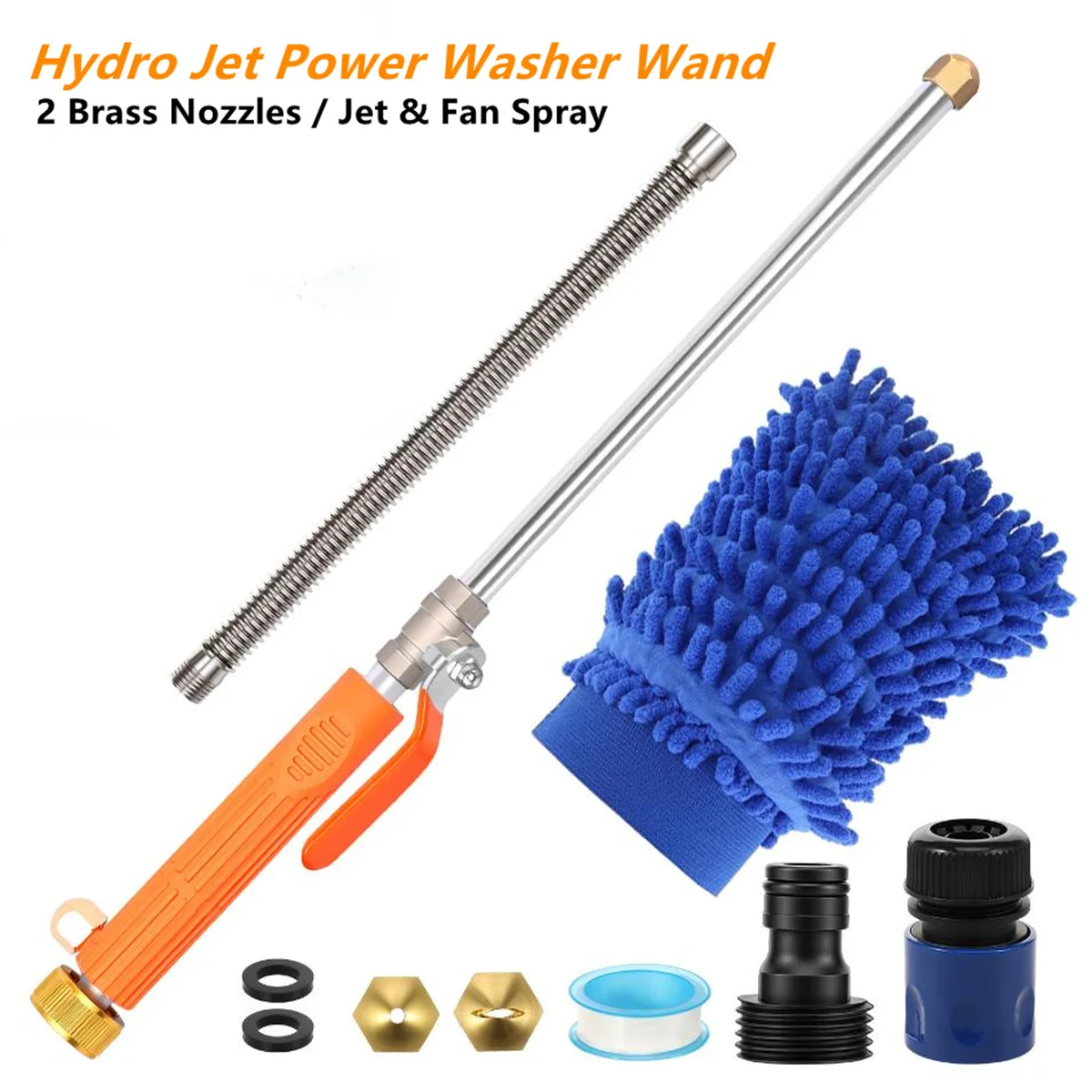 Hydro Jet High Pressure Power Washer Wand 2 Brass Nozzles Flexible Hose Wash Mitt Kit for Car Washing Window Gutter Cleaning