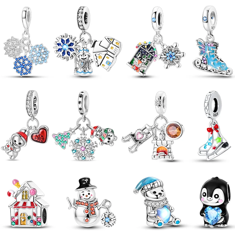 

NEW 925 Sterling Silver Snowman Penguin Fireplace Warm Winter Series Charms Beads Fit Pandora Original Bracelets DIY Jewelry