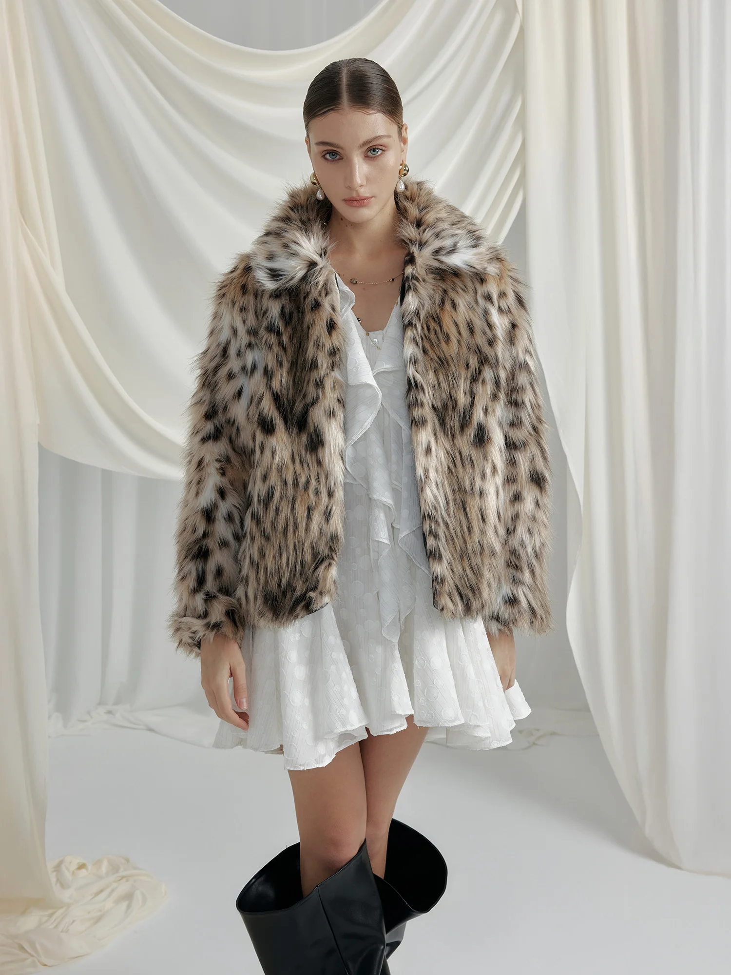 

Eco-Friendly ort Fur Coat Leopard Print Collarl Zipper Closure Women's Warmth Outerwear Vintage Sle Brown Fluffy Jaet