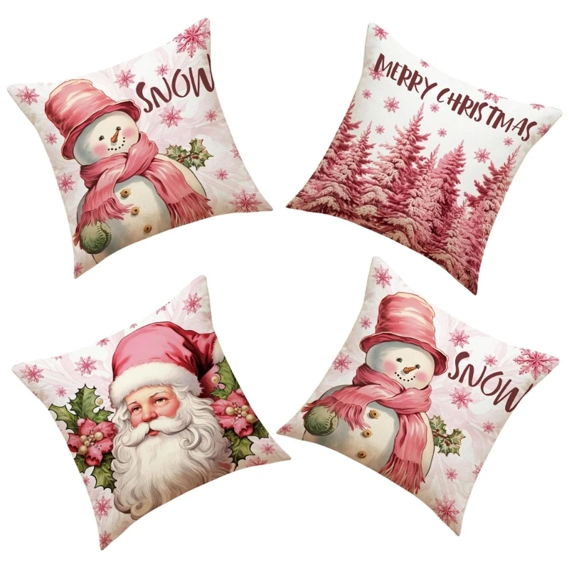 Christmas Cheer Linen Pillow Cover with Reindeers, Set of 4 for Gifting and Home Decoration 45x45cm Drop Shipping