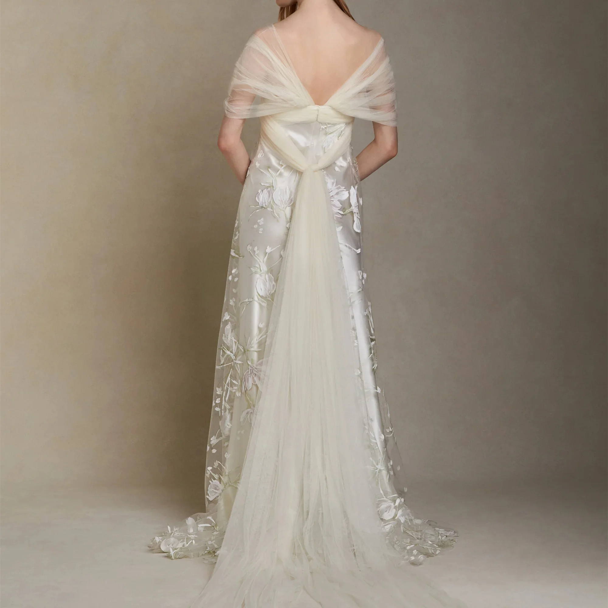 Off Shoulder Puff Sleeves Floral Embroidery Tulle Wedding Dress Deep V Back Bow Detail Long Train Romantic Garden Bridal Gown
