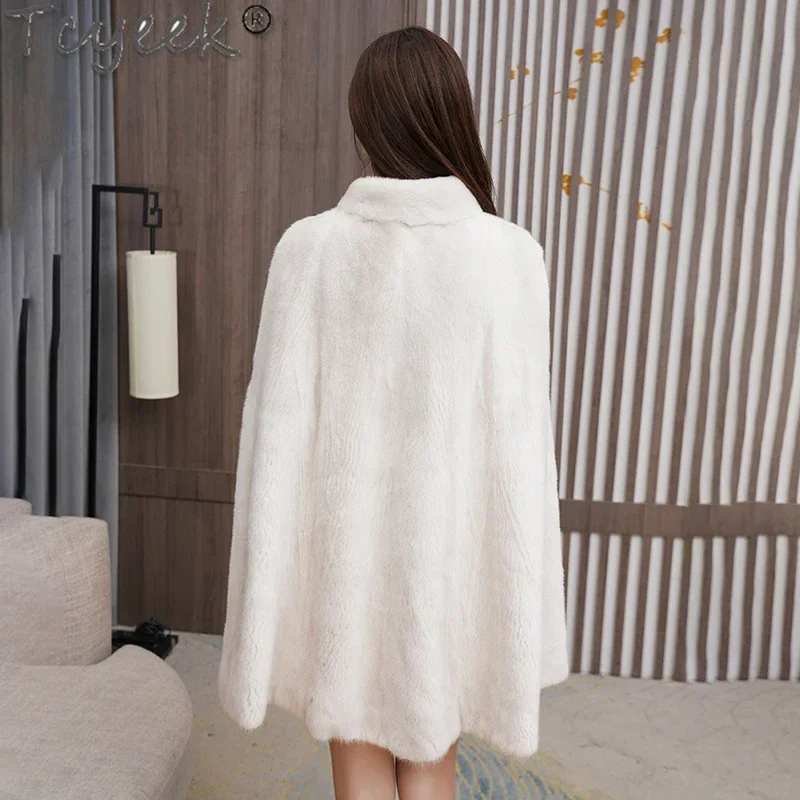 Tcyeek Natural Mink Fur Shawl Coat Warm Winter Jackets for Women 2023 Whole Mink Stand Collar Shawls Female Clothing New Style