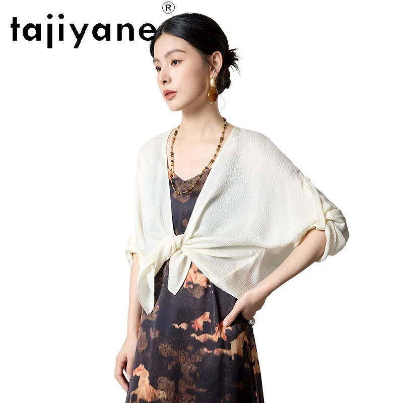 TAJIYANE 100% Maulbeerseide Cardigan Damen Bubble Crinkled Bluse Elegante Weiße Hemden Frühling Sommer Damenbekleidung 2026 рубашка
