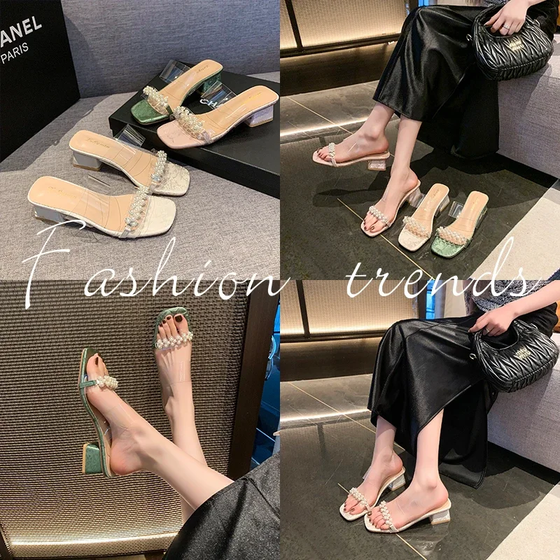 Zapatillas de cadena de perlas para mujer, zapatos de tacón cuadrado, toboganes casuales transparentes con punta abierta