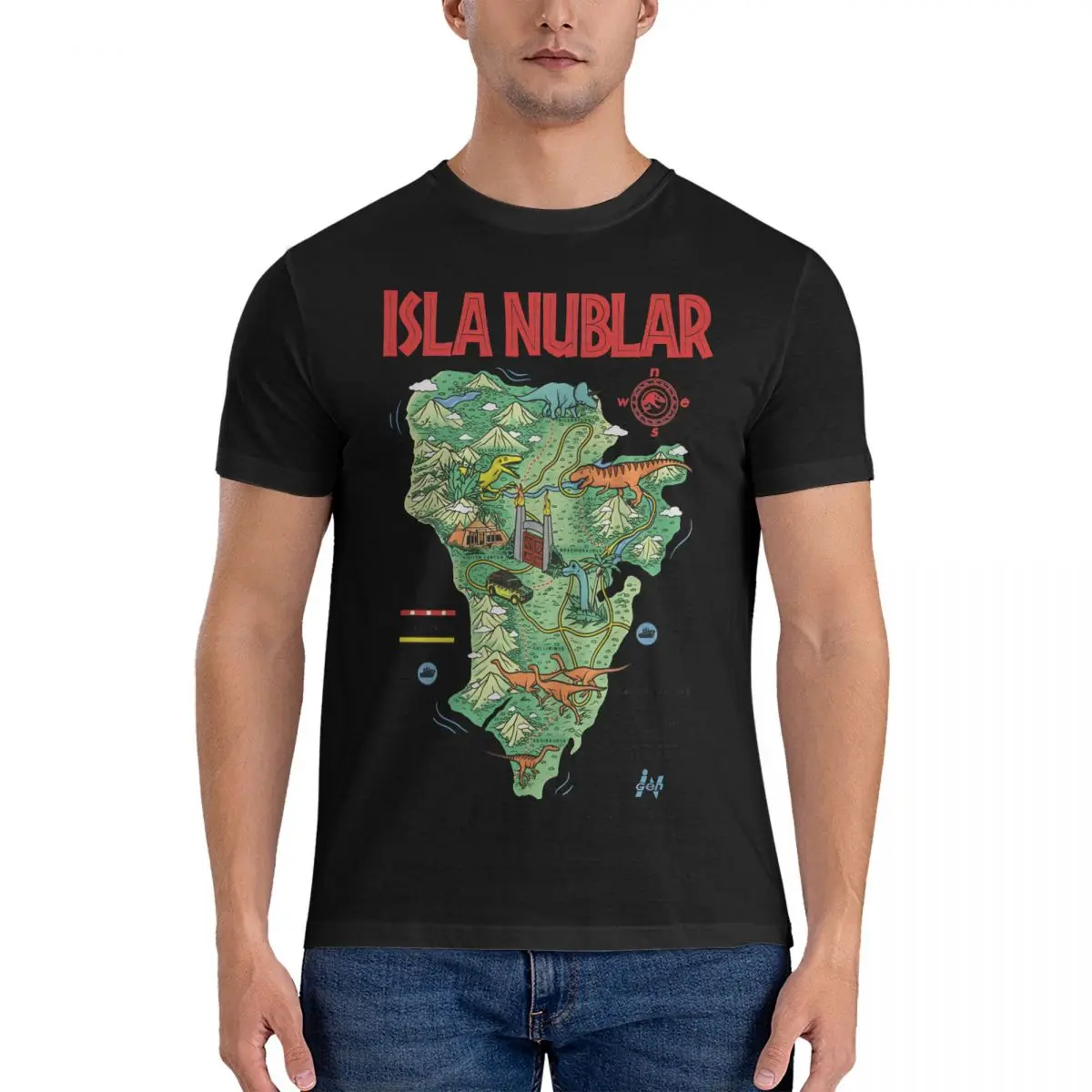 Casual Isla Nublar Tropical Dinosaur Park Map T-Shirts for Men Crewneck Pure Cotton T Shirts Jurassic Park Short Sleeve Tee