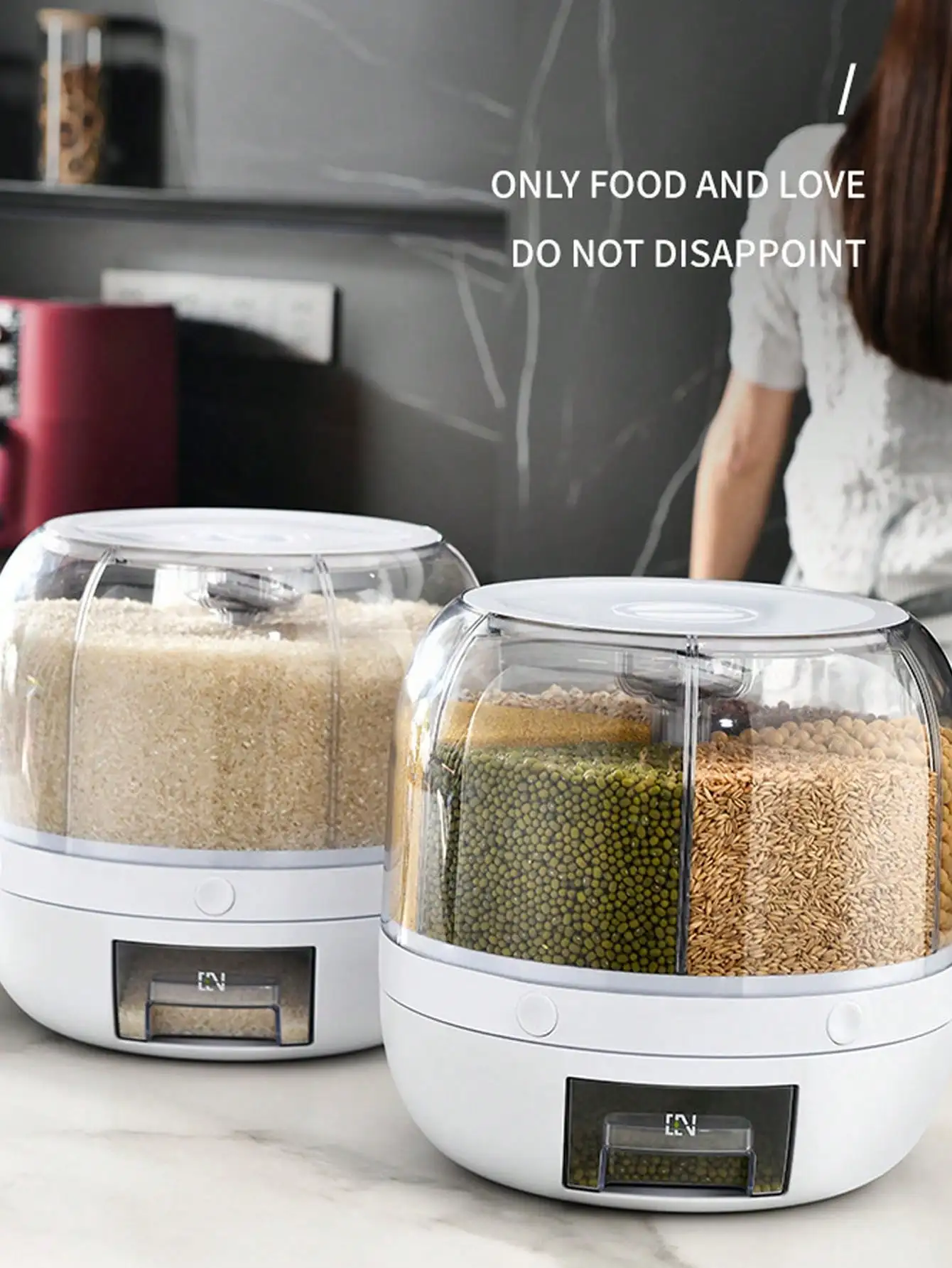 صندوق تخزين الأرز الدوار المكون من 6 أقسام - حاوية بلاستيكية محكمة الغلق للرطوبة/المقاومة للحشرات