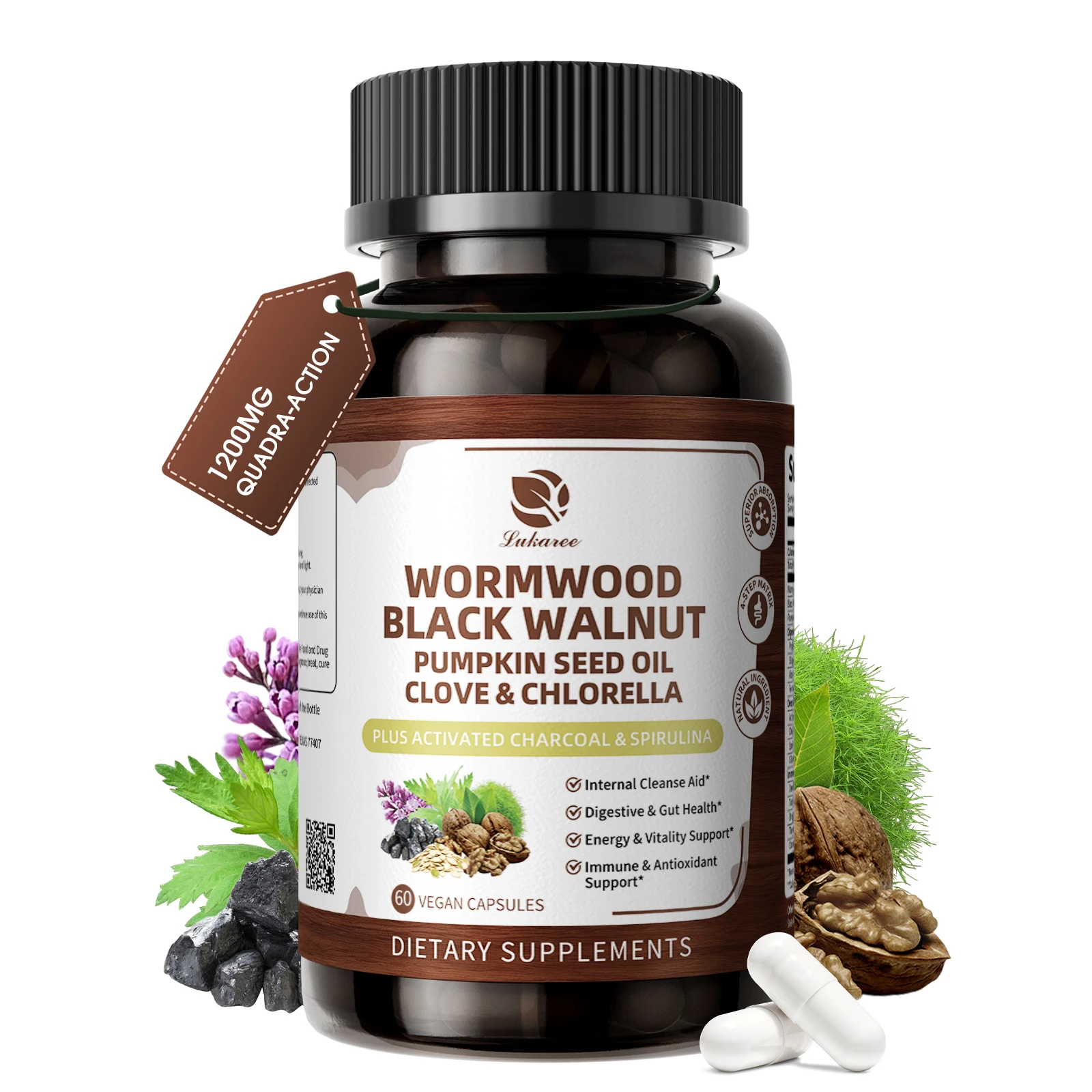 Lukaree Black Walnut Wormwood Capsules Support Digestive Health Internal Cleanse & Detox 98% Absorption,Vegan Gluten-Free