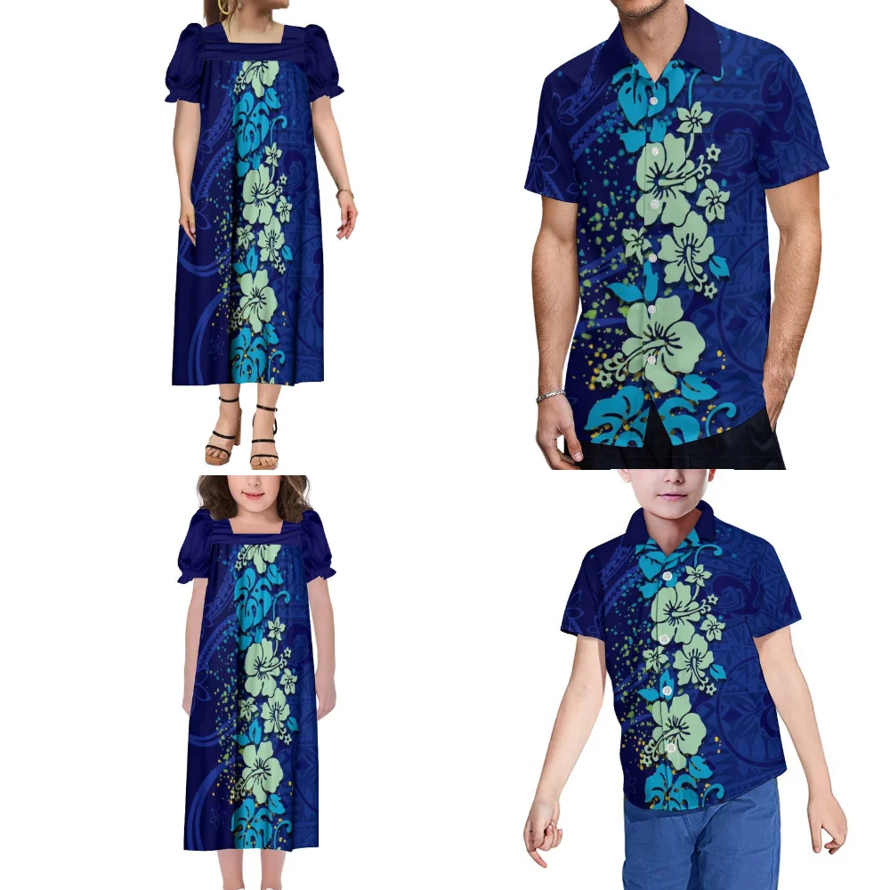 Polynesian Tribe Floral Custom Fiji Micronesian Samoan Family Party Set Mother Daughter Mumu Dress Father Son Casual Shirt