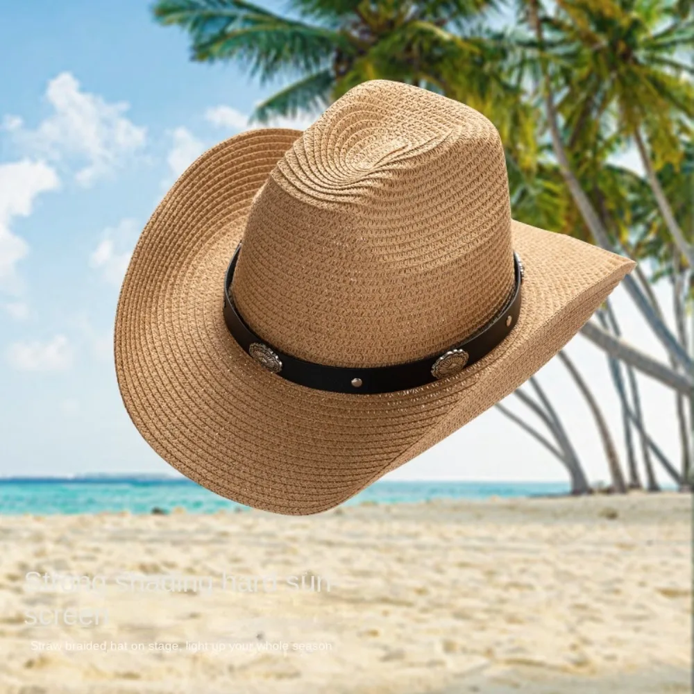 

Punk Solid Color Western Cowboy Hat PU Leather Belt Sunscreen Cowgirl Hat Ethnic Style Wide Brim Straw Sun Hat Outdoor