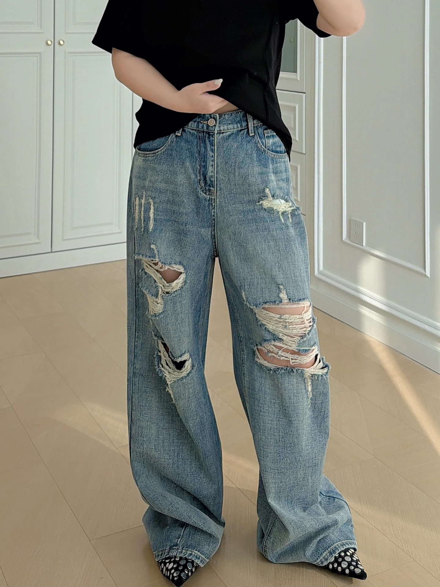 

American Retro Loose plus Size Women's Denim Jeans 200 Pounds Fat MM High Waist Lazy Style Floor-Length Pants