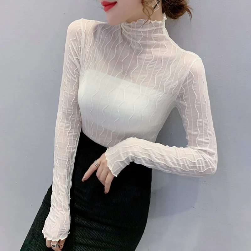 High-neck Mesh Bottom Blouse for Women in Spring and Autumn with 2023 New Style Western-style Transparent Lace