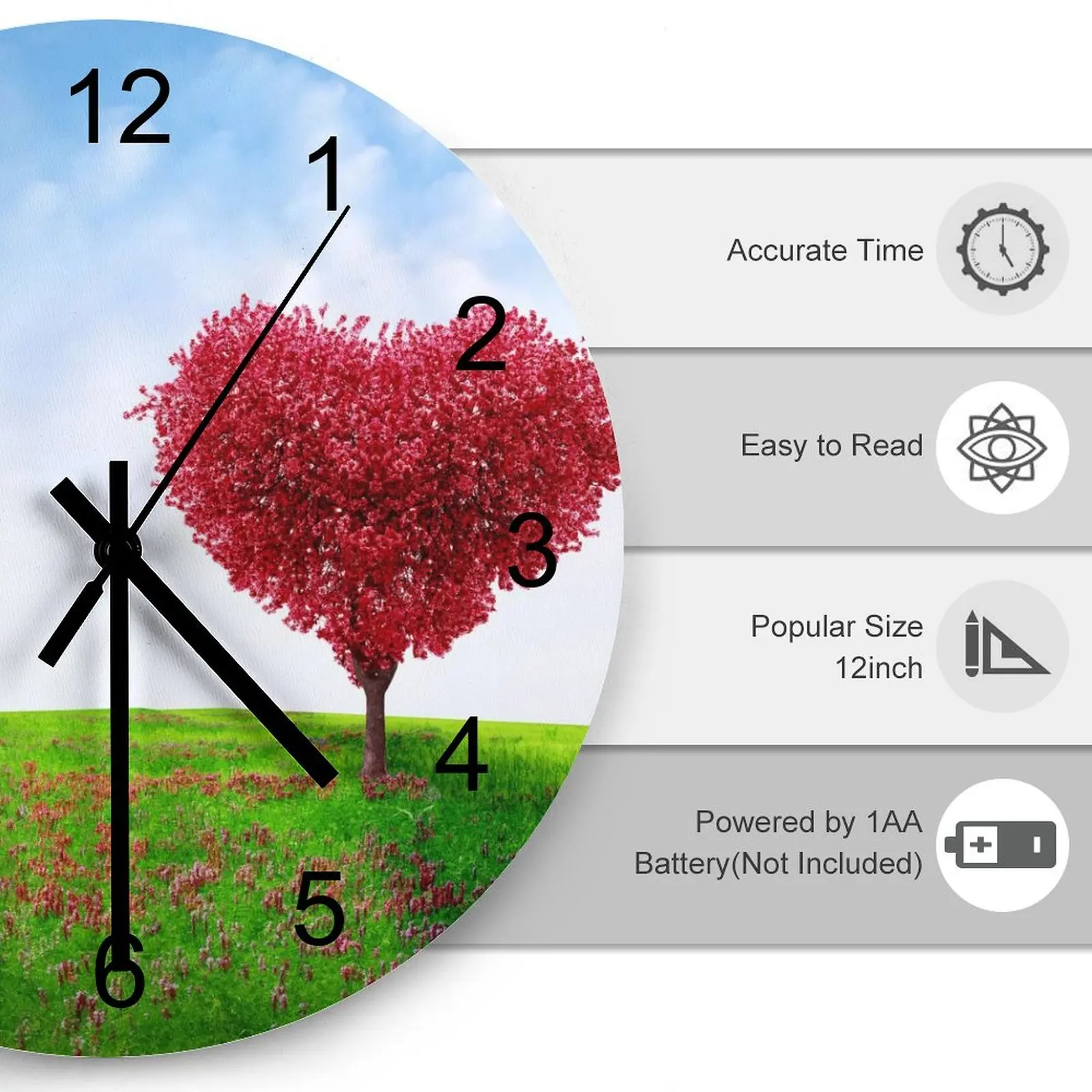 Living Room Wall Clock Gorgeous nature Clocks 12 inch Silent Wooden Round Patterned Slim Profile Modern