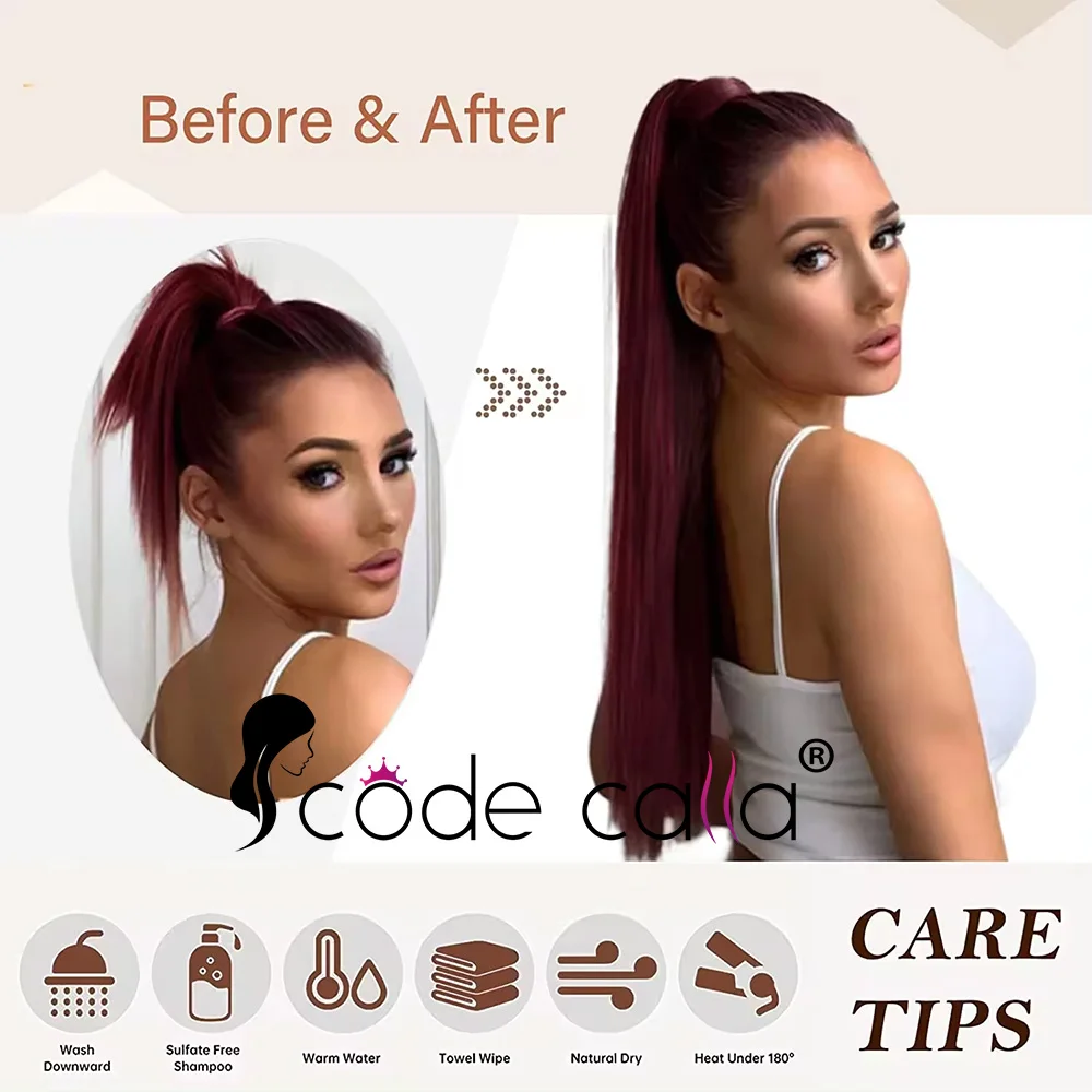 Cola de Caballo de color burdeos para mujer, extensiones de cabello humano largo y liso, piezas de cola de caballo con cordón Natural, 99J