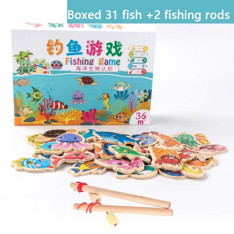 Marine Creatures Cognitive Fishing Game Toys Enlightenment Early Education Wooden Magnetic Fishing Baby Toys