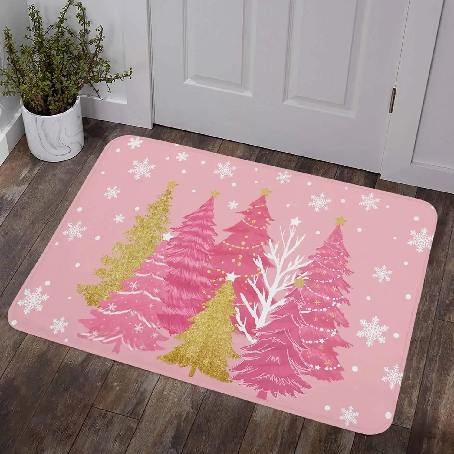 Pink Christmas Tree Door Mat Winter Snowflake Kitchen Balcony Hallway Non-slip Rug Bedroom Bedside Foot Mat Christmas Decoration