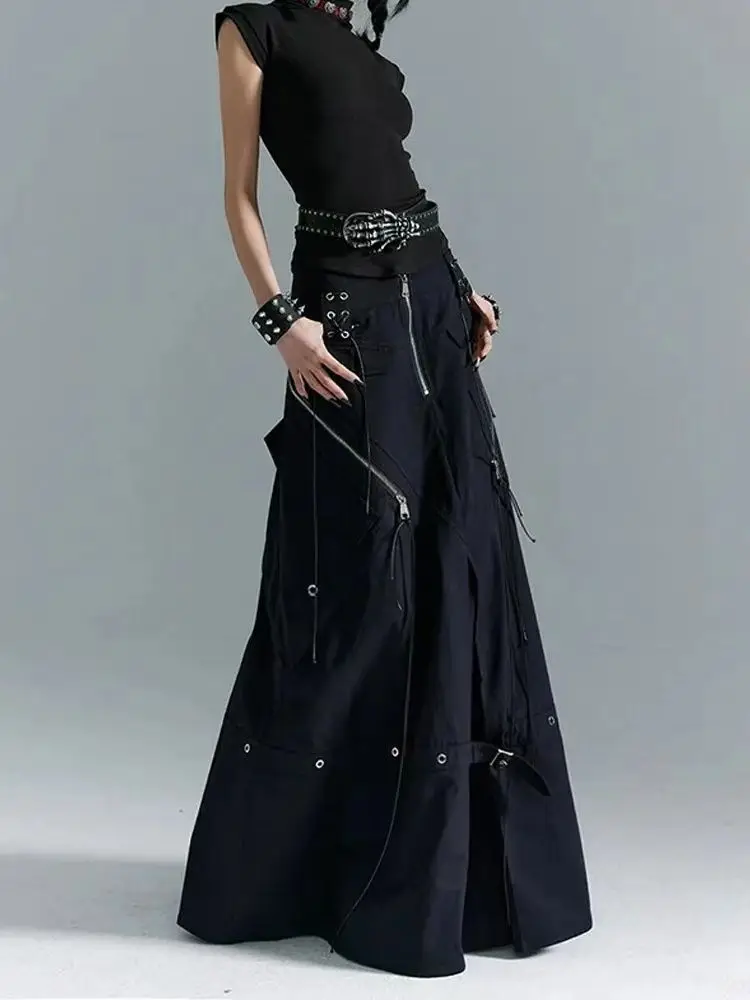 2025 New Gothic Y2K Cargo Denim Long Skirt Women Harajuku Vintage Black Bandage Jeans Skirts Aesthetic High Waist A Line Skirts