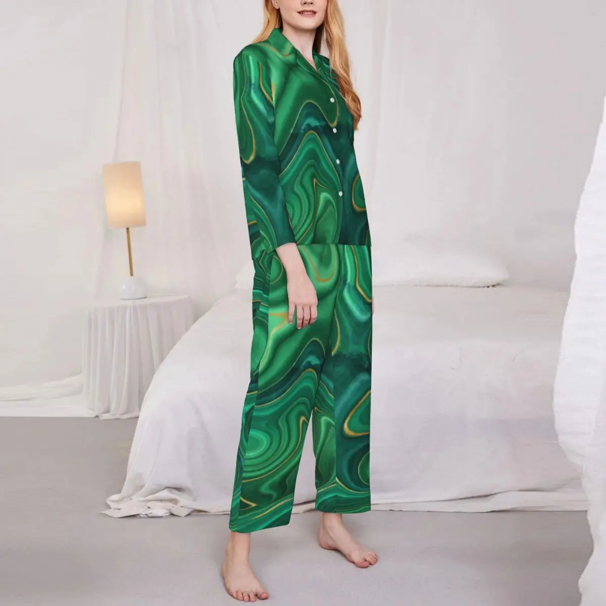 Liquid Print Pajamas Female Green Yellow Abstract Elegant Bedroom Sleepwear Autumn 2 Pieces Casual Oversized Design Pajama Sets