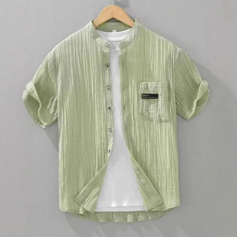 

2025 Summer New Fashion Men's Solid Color Basic Simple Casual Trendy Loose Stand Collar Short Sleeve Shirts Male Clothes Tops
