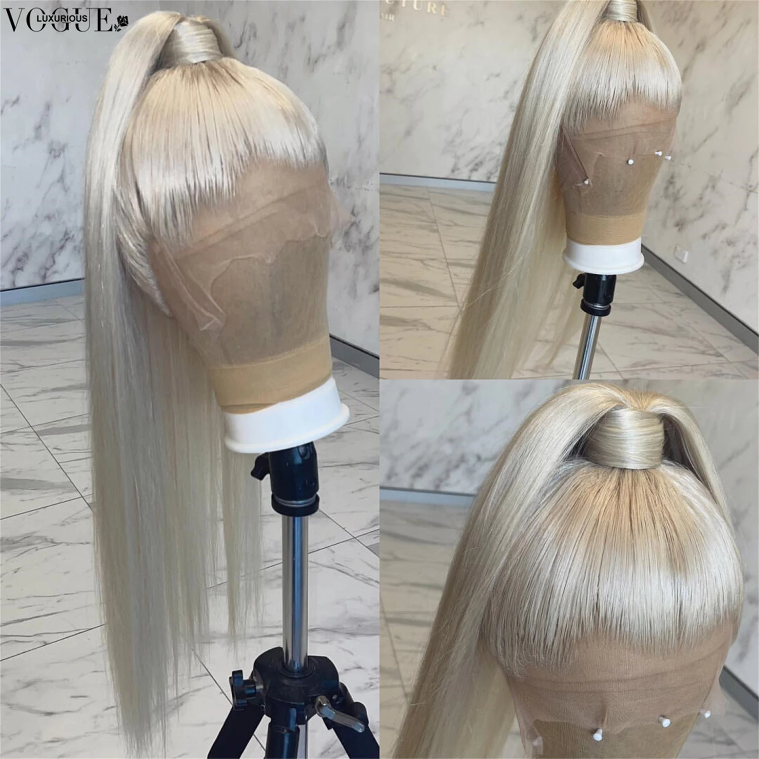 Perruque Lace Front Wig naturelle lisse, cheveux humains, couleur blond platine #60, 13tage, densité 180%, diopédique, pour Noël