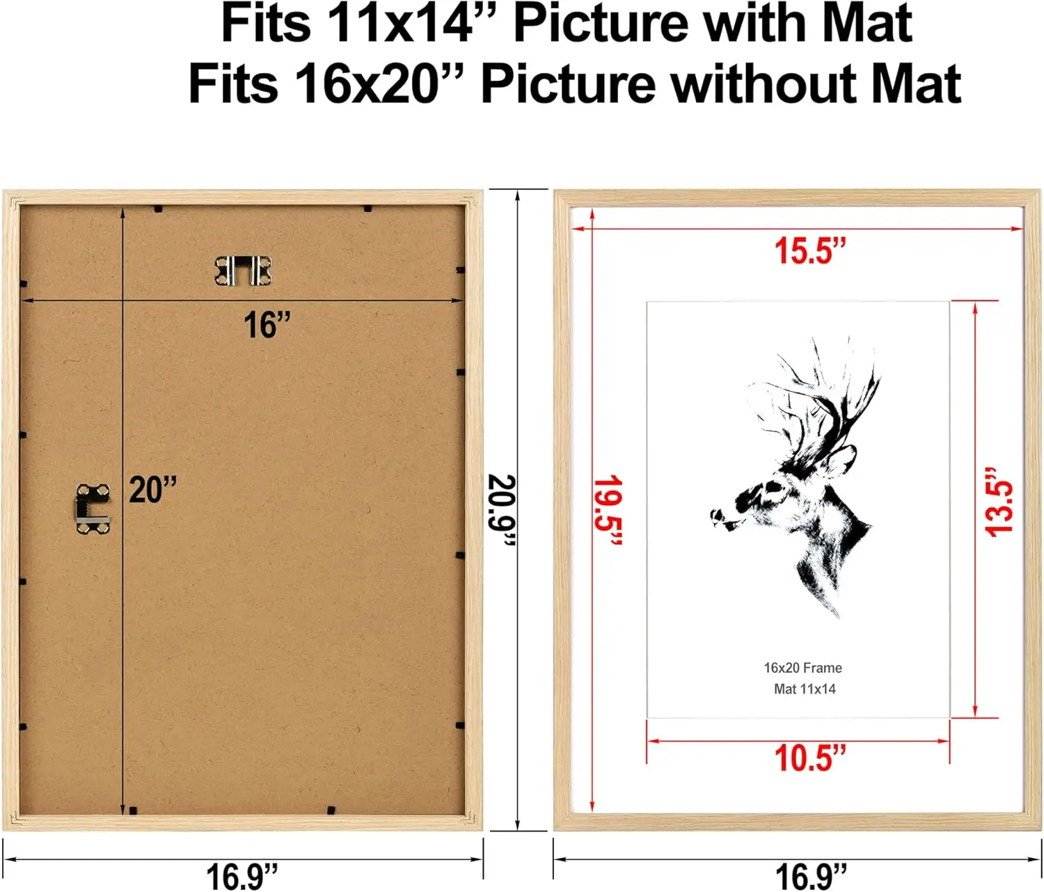 16x20 Picture Frame Matted to 11x14 Set of 2, Natural Solid Oak Wood Frame 16x20 for Photos, Posters