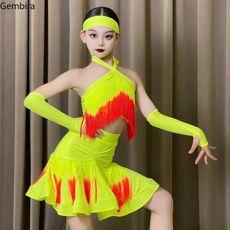 

Вечернее платье для латинских танцев, женское платье для профессиональных соревнований, тренировочное платье для девочек, танго, бальных танцев, градиентная бахрома, высококачественный комплект